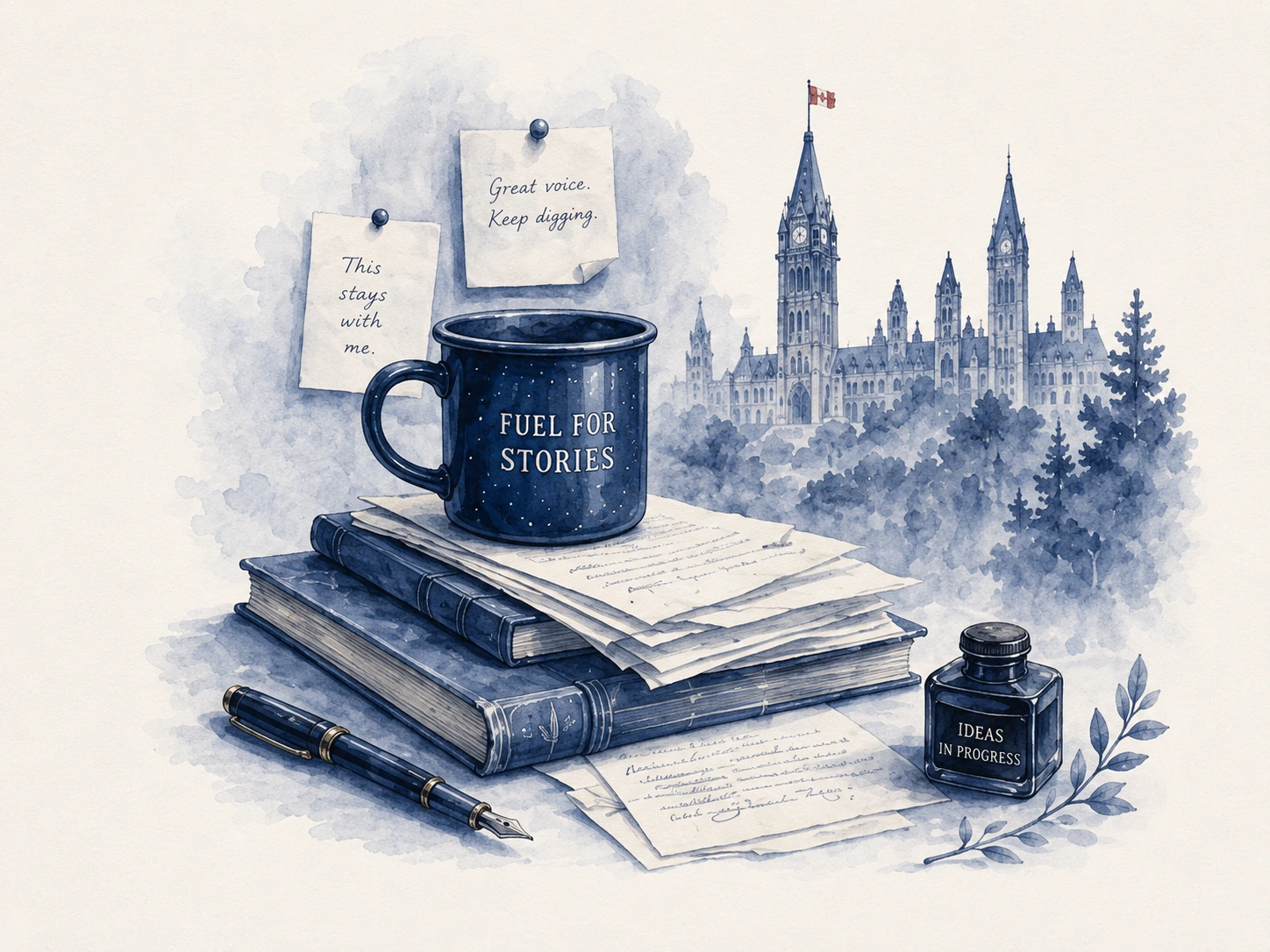Watercolor stack of manuscripts, books, a coffee mug, and Ottawa skyline