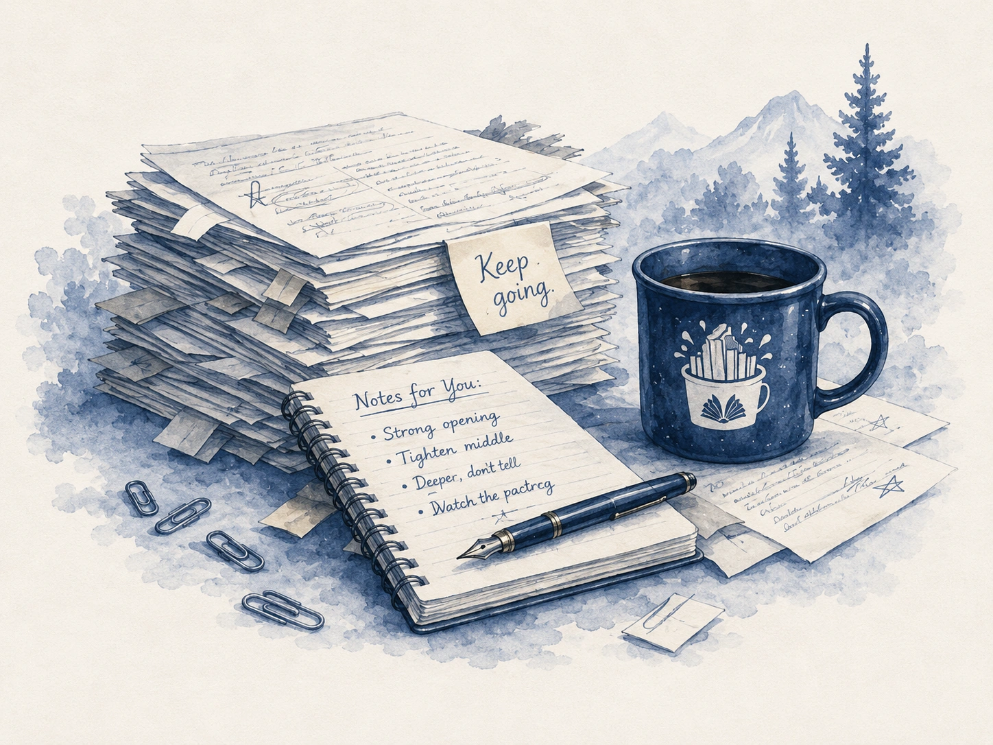 Watercolor manuscript stack with editing notes and a SlushBucket mug