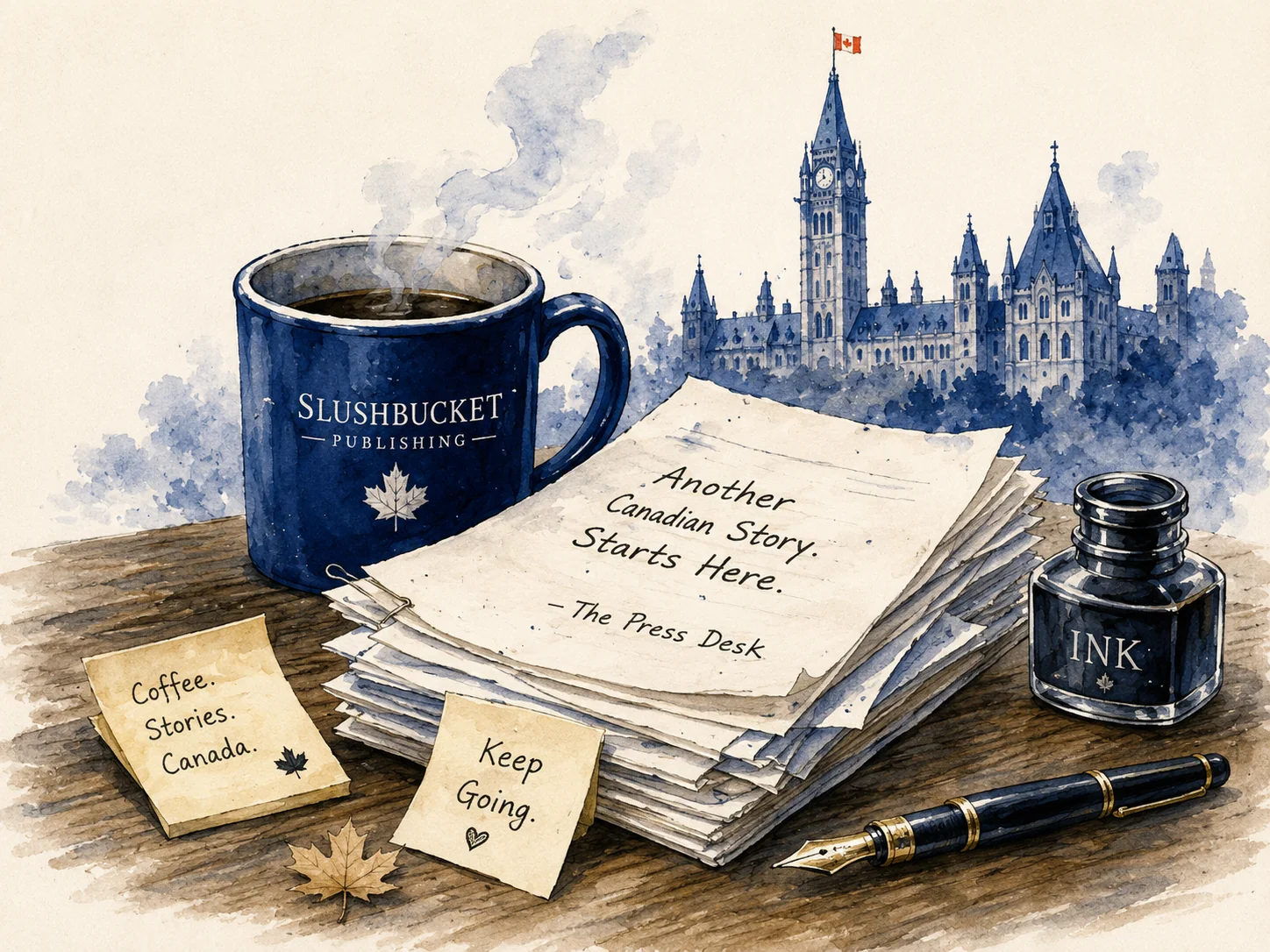Watercolor desk with SlushBucket mug, manuscript pages, ink, and Ottawa skyline