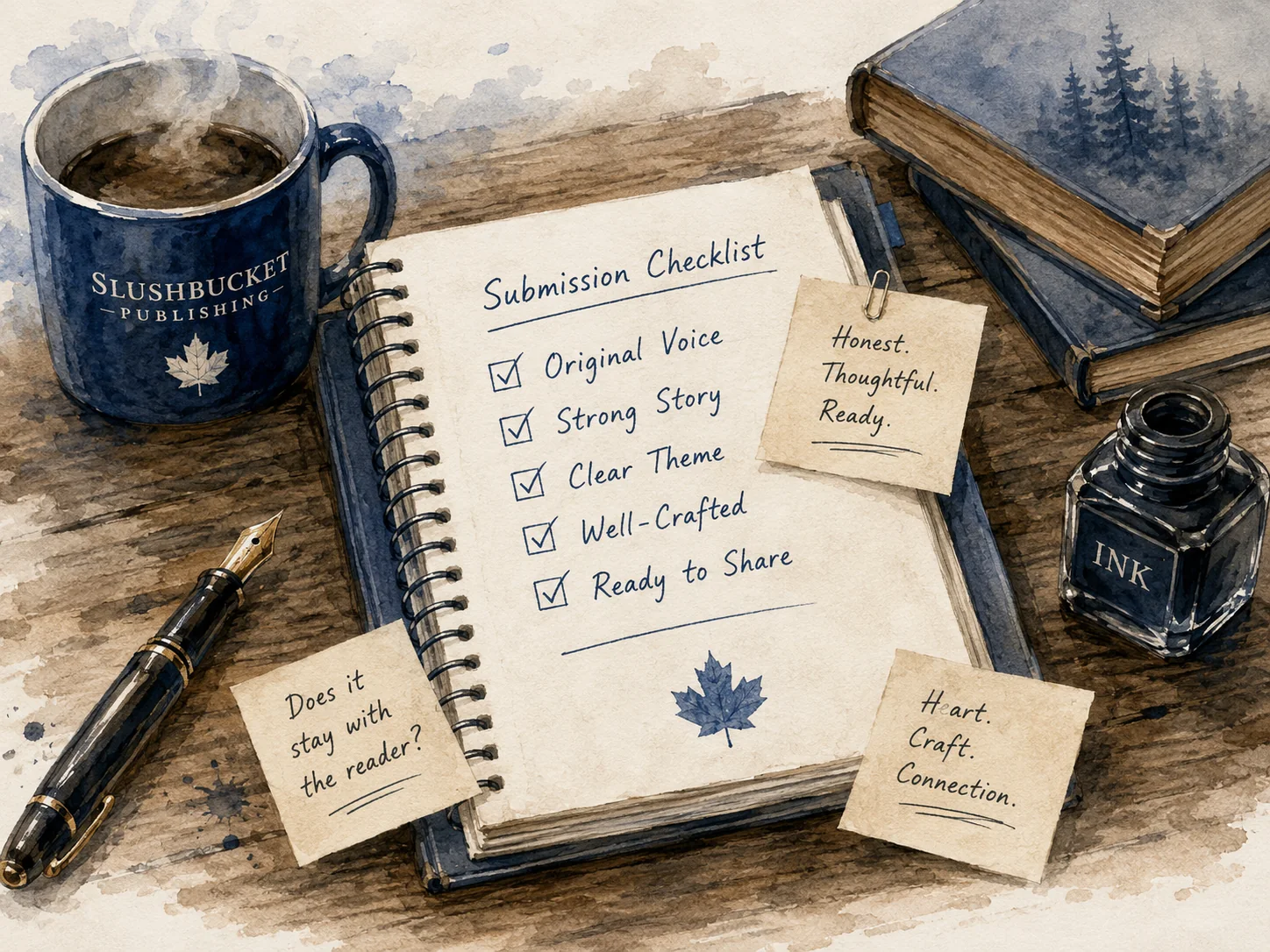 Watercolor submission checklist with coffee, pen, books, and ink